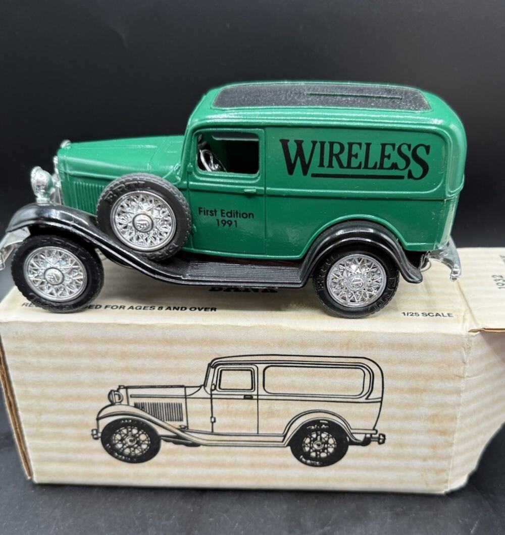 Ertl 1932 Ford Delivery Van WIRELESS (First Edition 1991) Diecast Bank W Key New